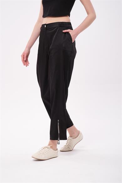 PAÇA FERMUARLI SATEN PANTOLON SİYAH