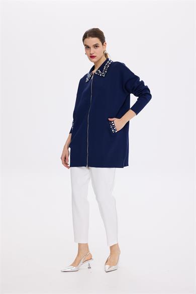 TAŞ İŞLEMELİ TRİKO HIRKA LACİVERT