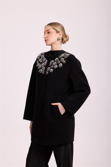 VELOURA İŞLEMELİ ANGORA KAP SİYAH