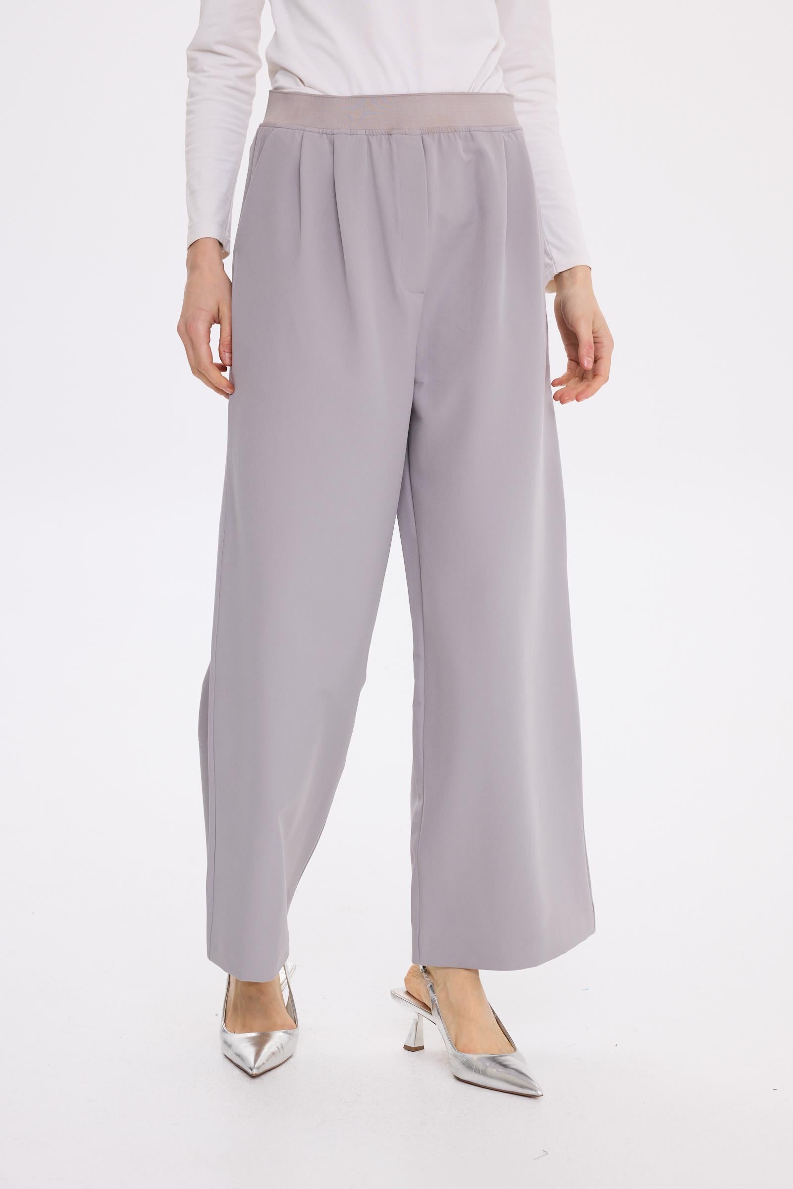 BEL LASTİK KREP PANTOLON GRİ