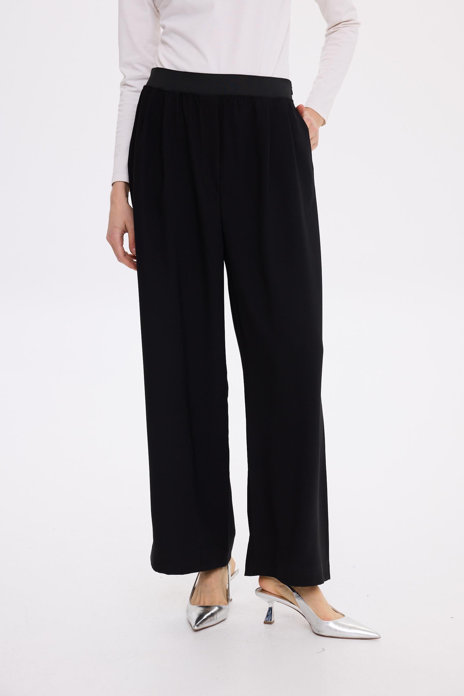 BEL LASTİK KREP PANTOLON SİYAH