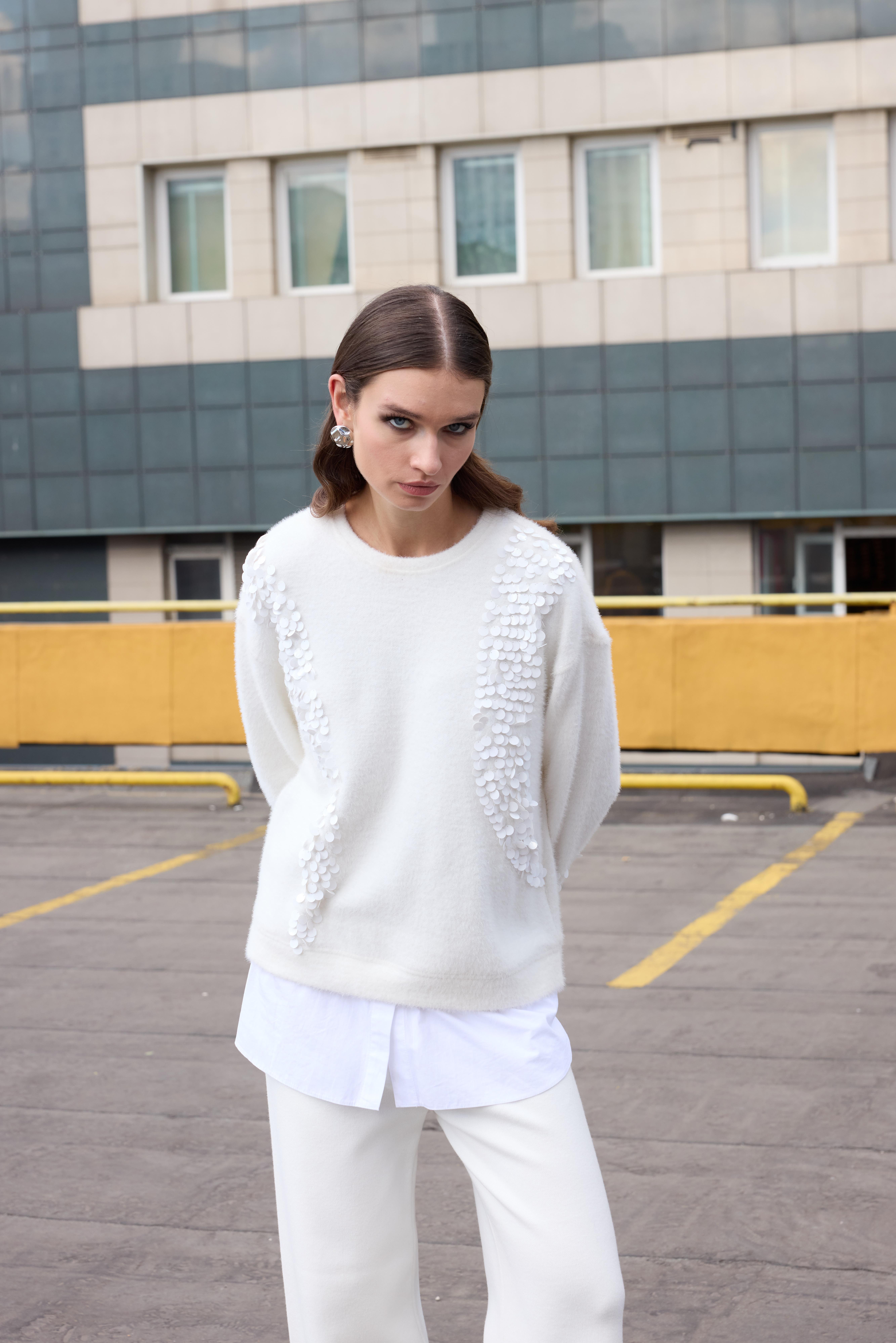 PULLU GÖMLEK GARNİ ANGORA TUNİK EKRU