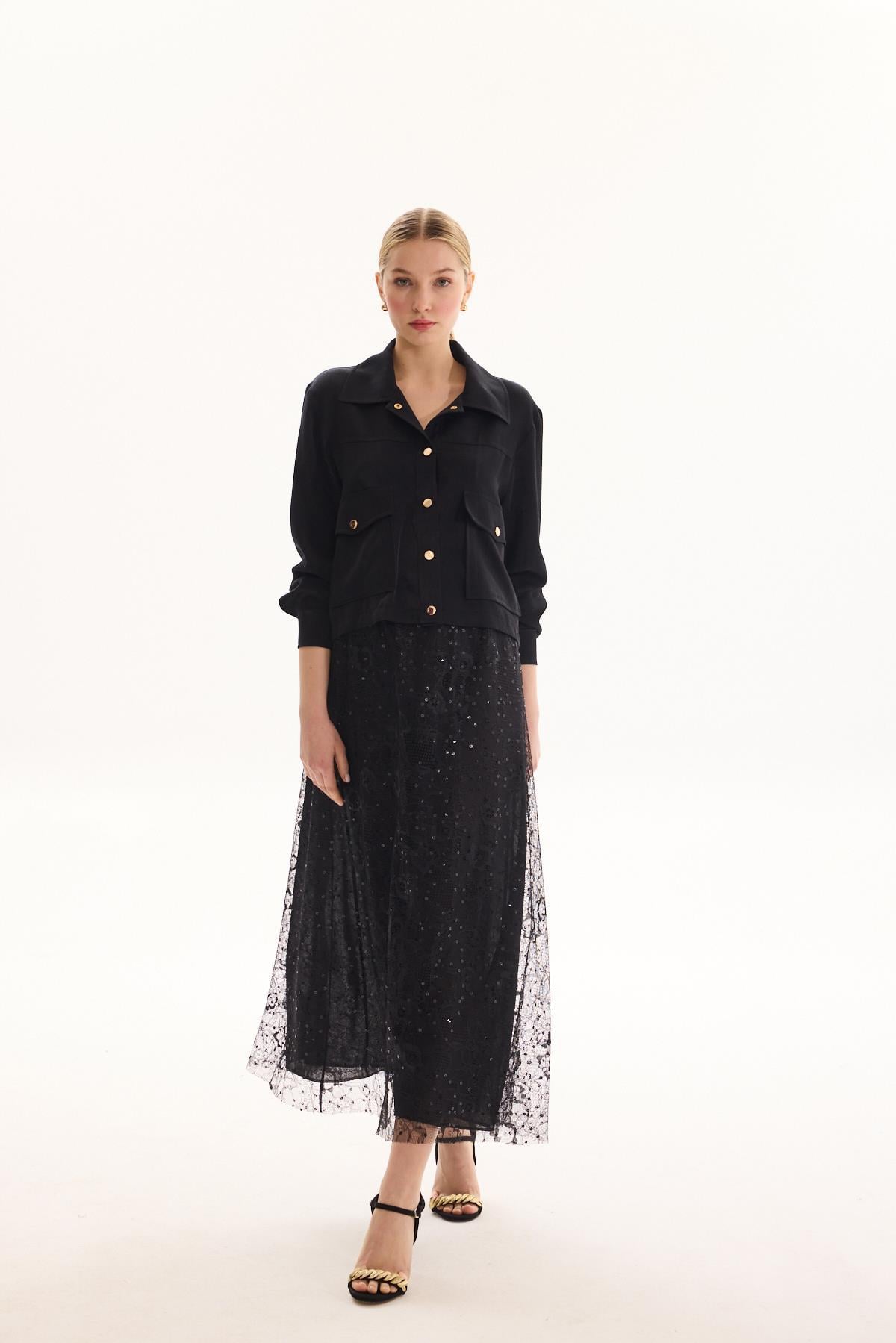 SHORT BOMBER TÜL ETEK TAKIM SİYAH