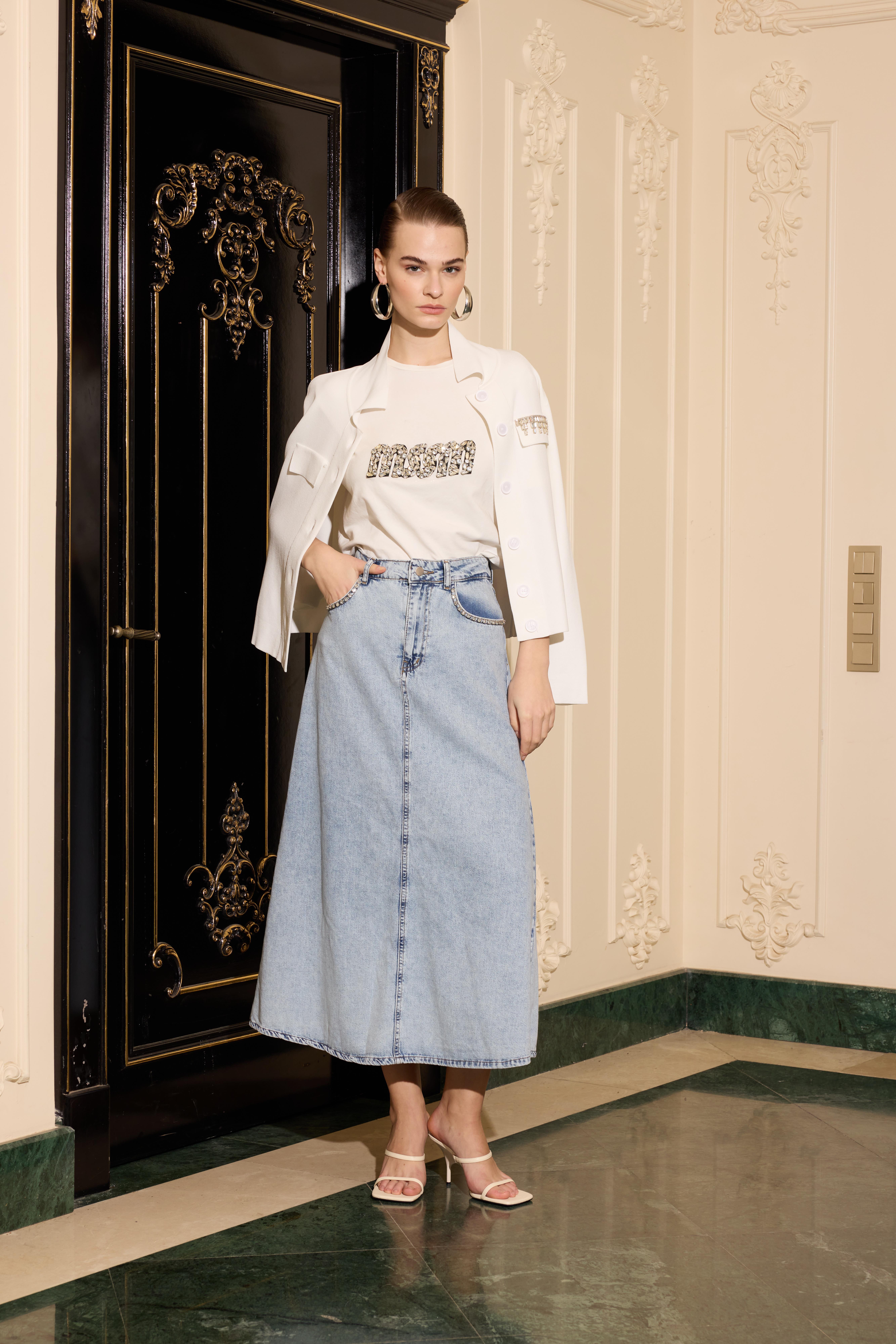 TAŞ İŞLEMELİ KOT ETEK AÇIK MAVİ