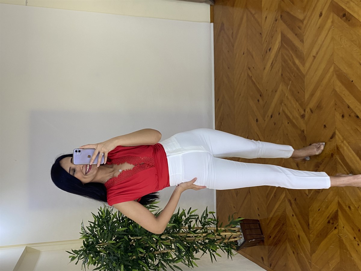 Kadın Beyaz Likralı Yüksek Bel Kumaş Pantolon