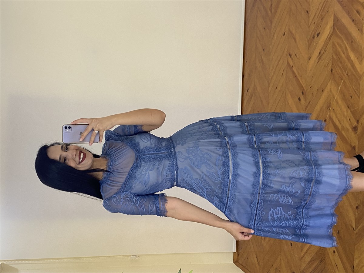 Kadın Mavi Tasarım Dantel Detay Midi Boy Elbise