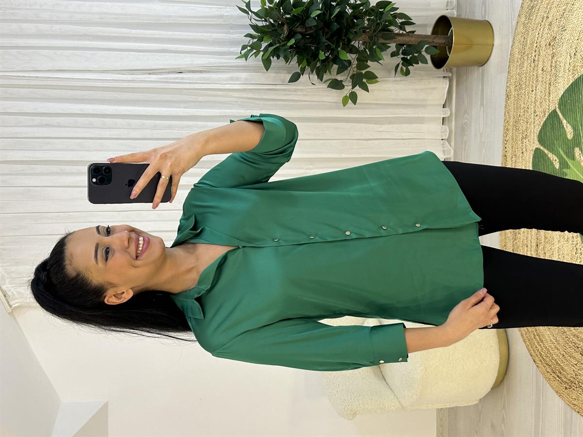 Kadın Yeşil Yarım Kol Saten Gömlek