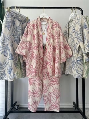 Yaprak Desen Kimono Takım Pembe