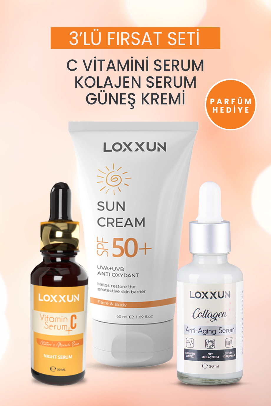 C Vitamini Serum + Kolajen Serum + Yüksek Korumalı Güneş Kremi - Loxxun  Kozmetik