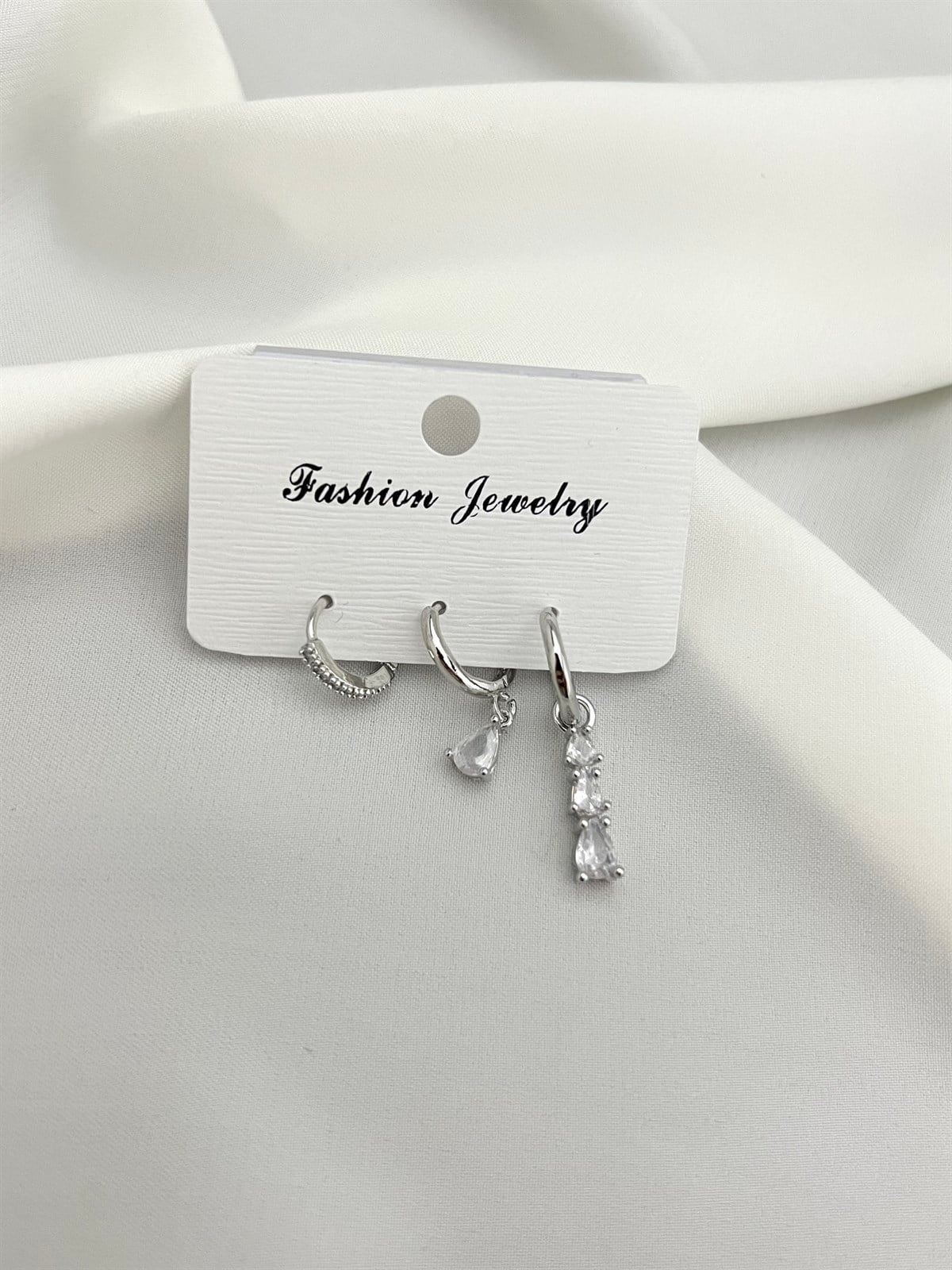 Damla Zircon Taşlı 3'lü Silver Küpe