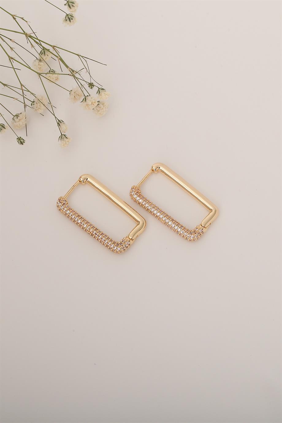 Dikdörtgen Taşlı Gold Küpe