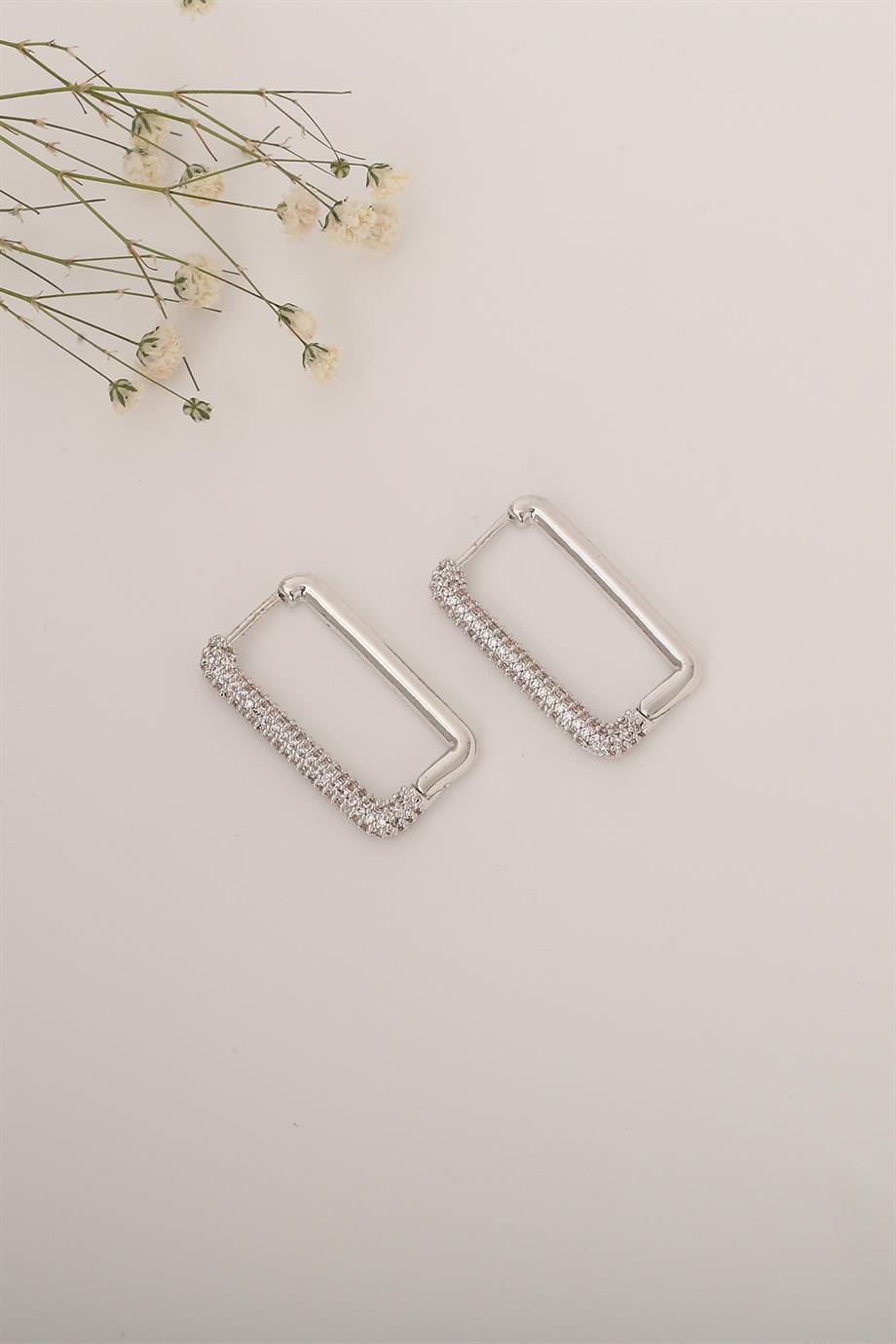 Dikdörtgen Taşlı Silver Küpe