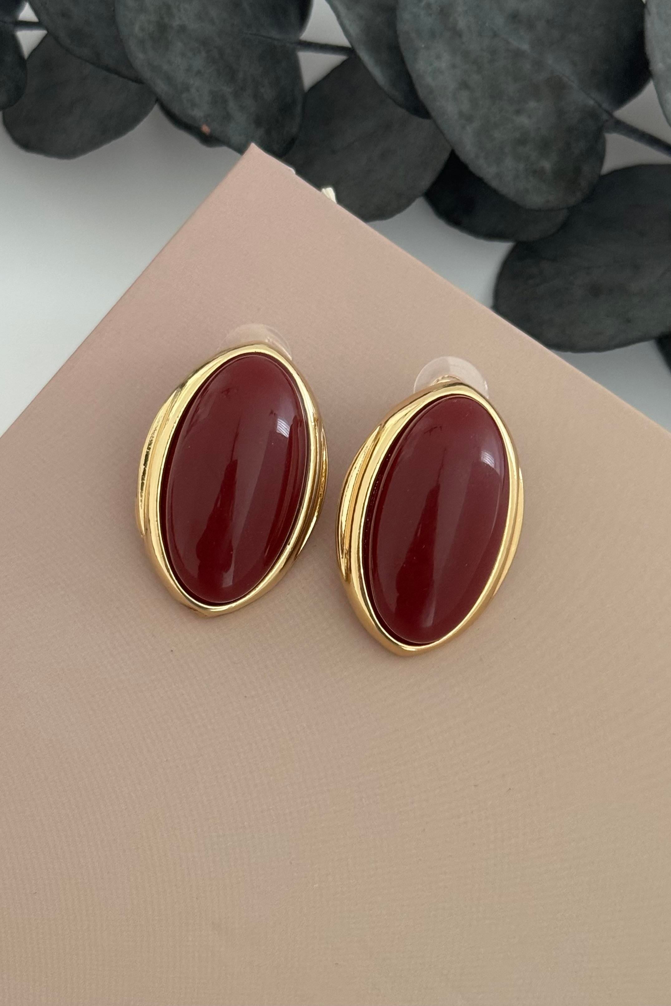 Oval Bordo Küpe