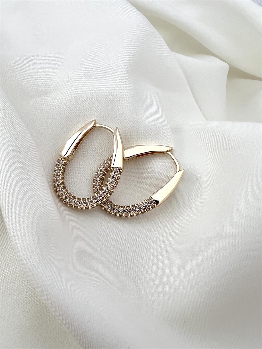 Oval Taşlı Halka Gold Küpe