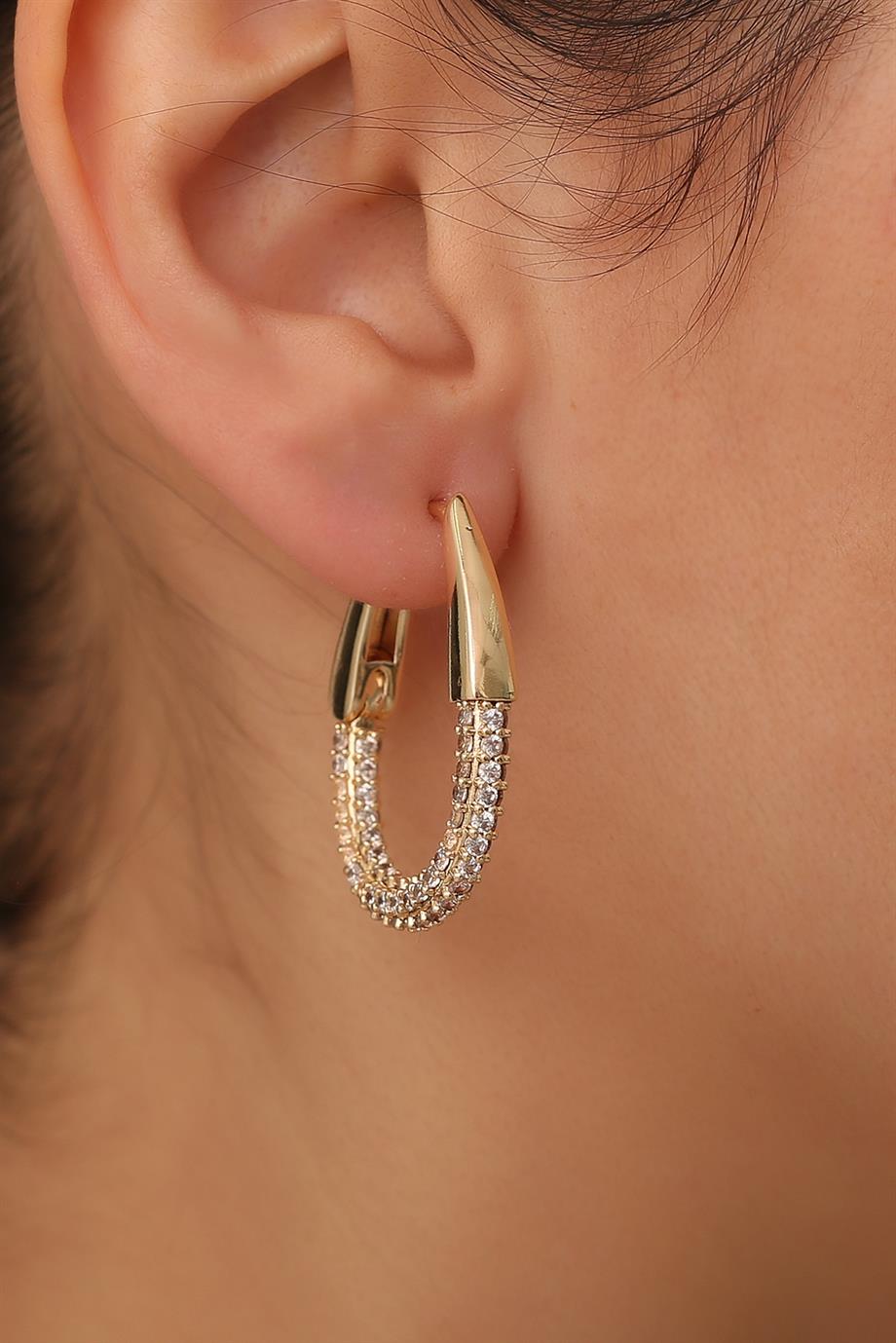 Oval Taşlı Halka Gold Küpe