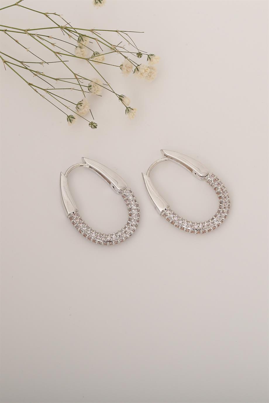 Oval Taşlı Halka Silver Küpe