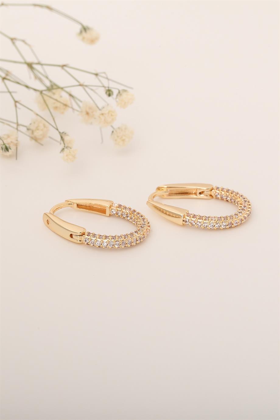 Oval Taşlı Mini Gold Küpe