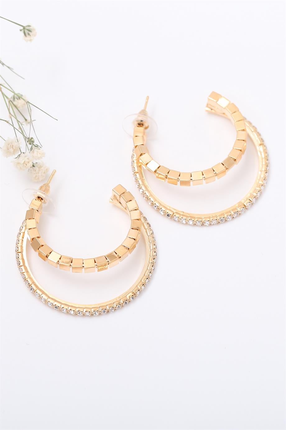 Taşlı Küp Halka Gold Küpe
