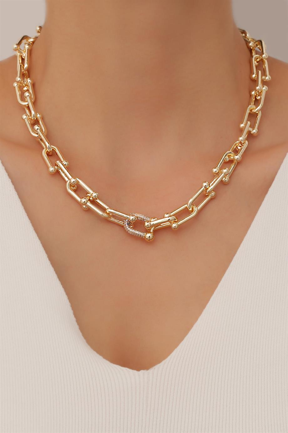 TF Taşlı Gold Kolye
