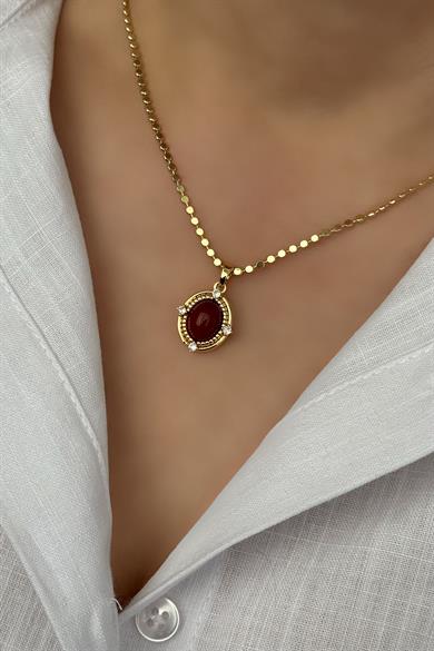 Bordo Taşlı Kolye