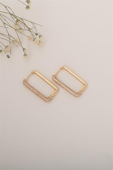 Dikdörtgen Taşlı Gold Küpe