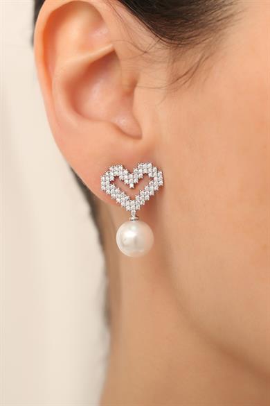 İncili Kalp Taşlı Küpe