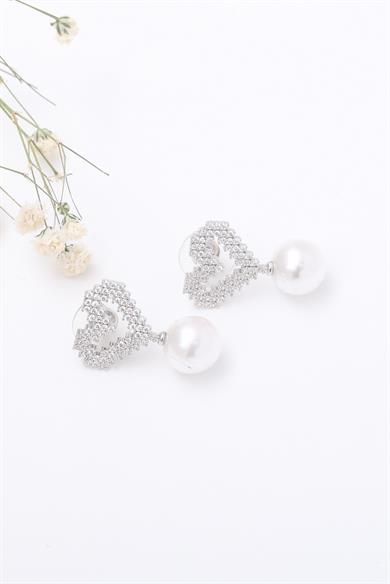 İncili Kalp Taşlı Küpe