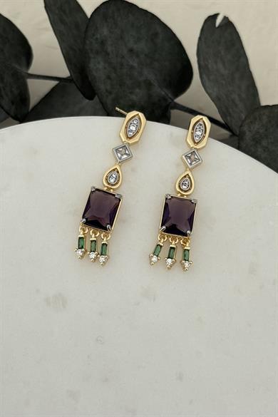 Mor Taşlı Sallantılı Küpe