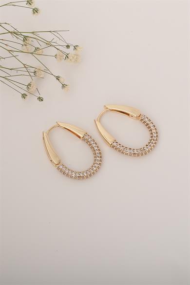 Oval Taşlı Halka Gold Küpe