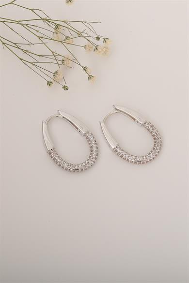 Oval Taşlı Halka Silver Küpe