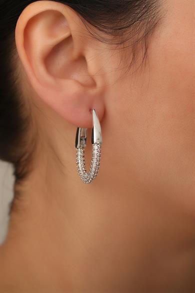 Oval Taşlı Halka Silver Küpe