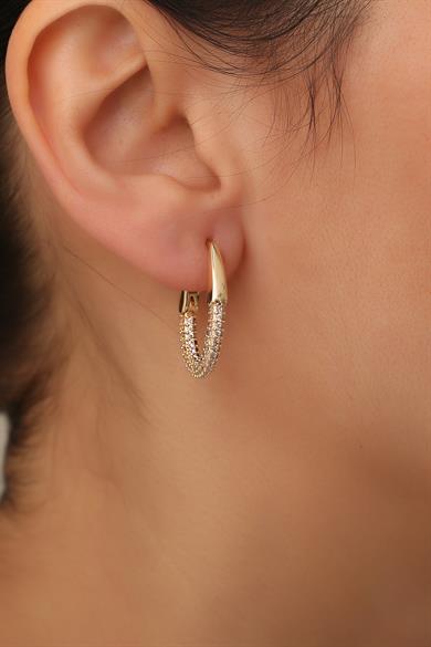 Oval Taşlı Mini Gold Küpe