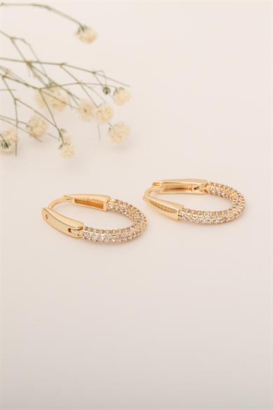 Oval Taşlı Mini Gold Küpe