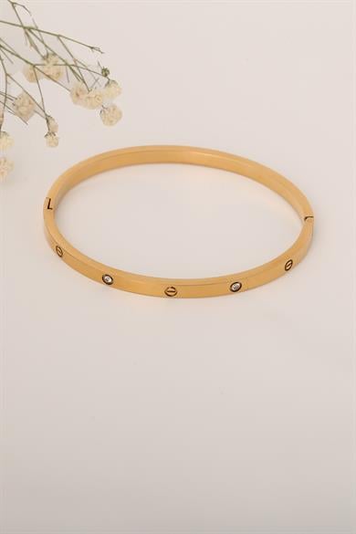 Marka Taşlı Gold Çelik Kelepçe Bileklik