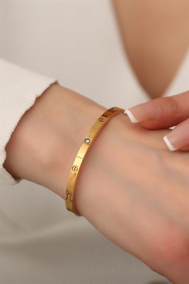 Marka Taşlı Gold Çelik Kelepçe Bileklik
