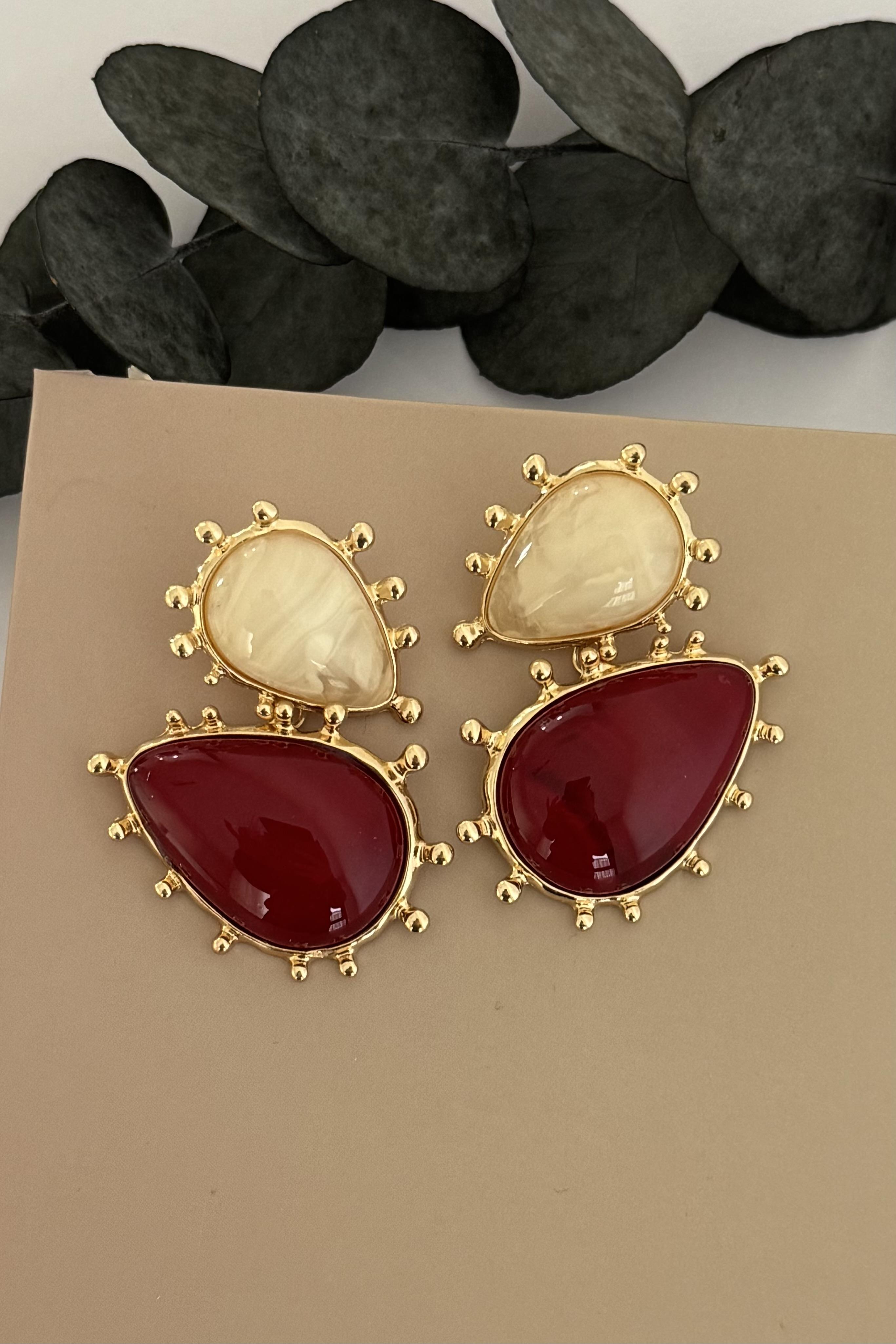 Aurel Gold Krem Bordo Küpe