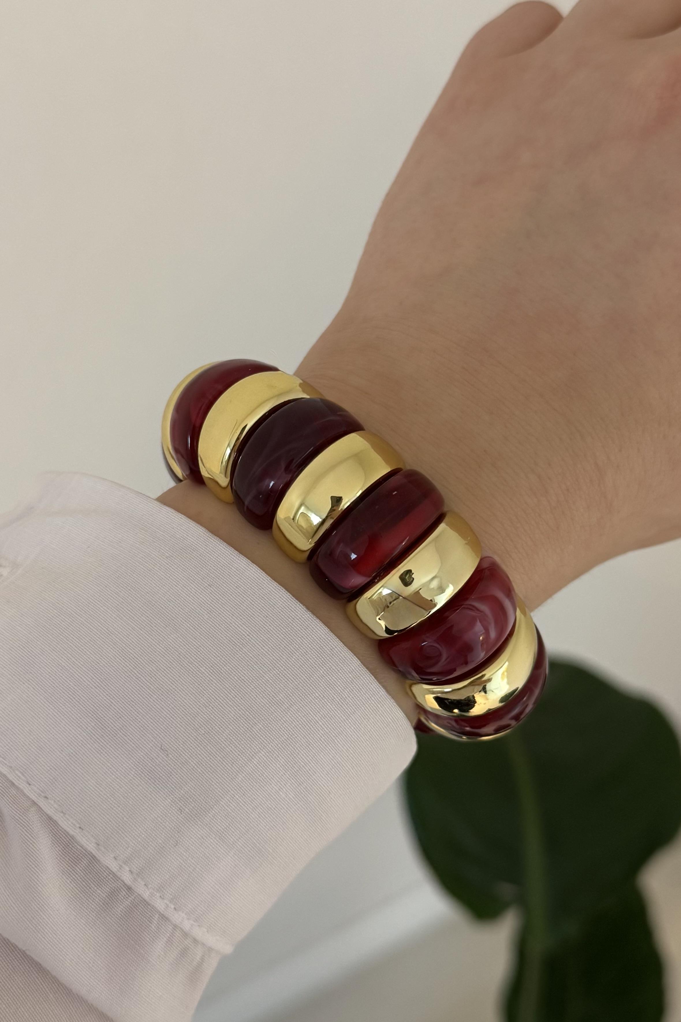 Bordo Lastikli Renkli Taşlı Bileklik