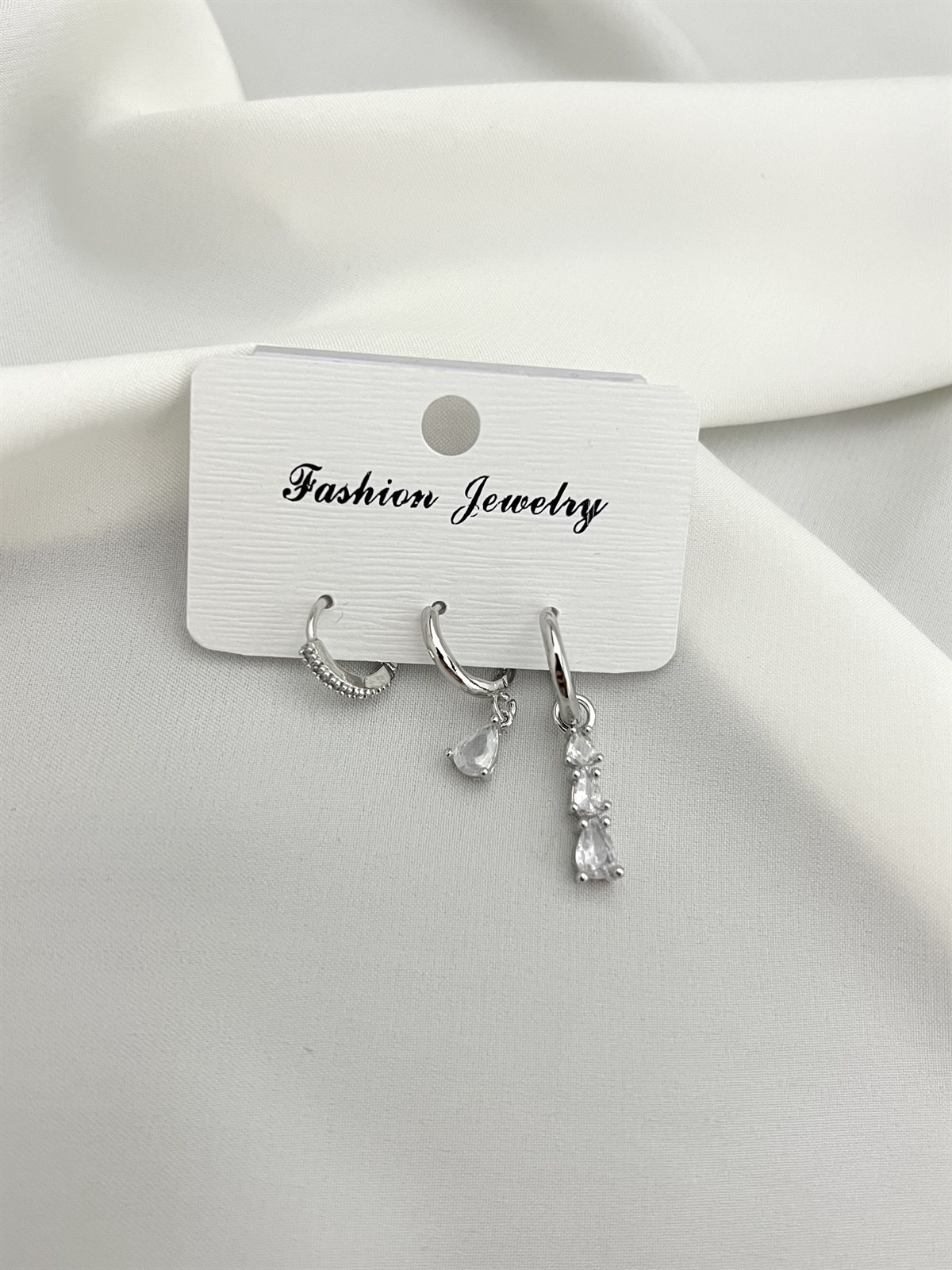 Damla Zircon Taşlı 3'lü Silver Küpe