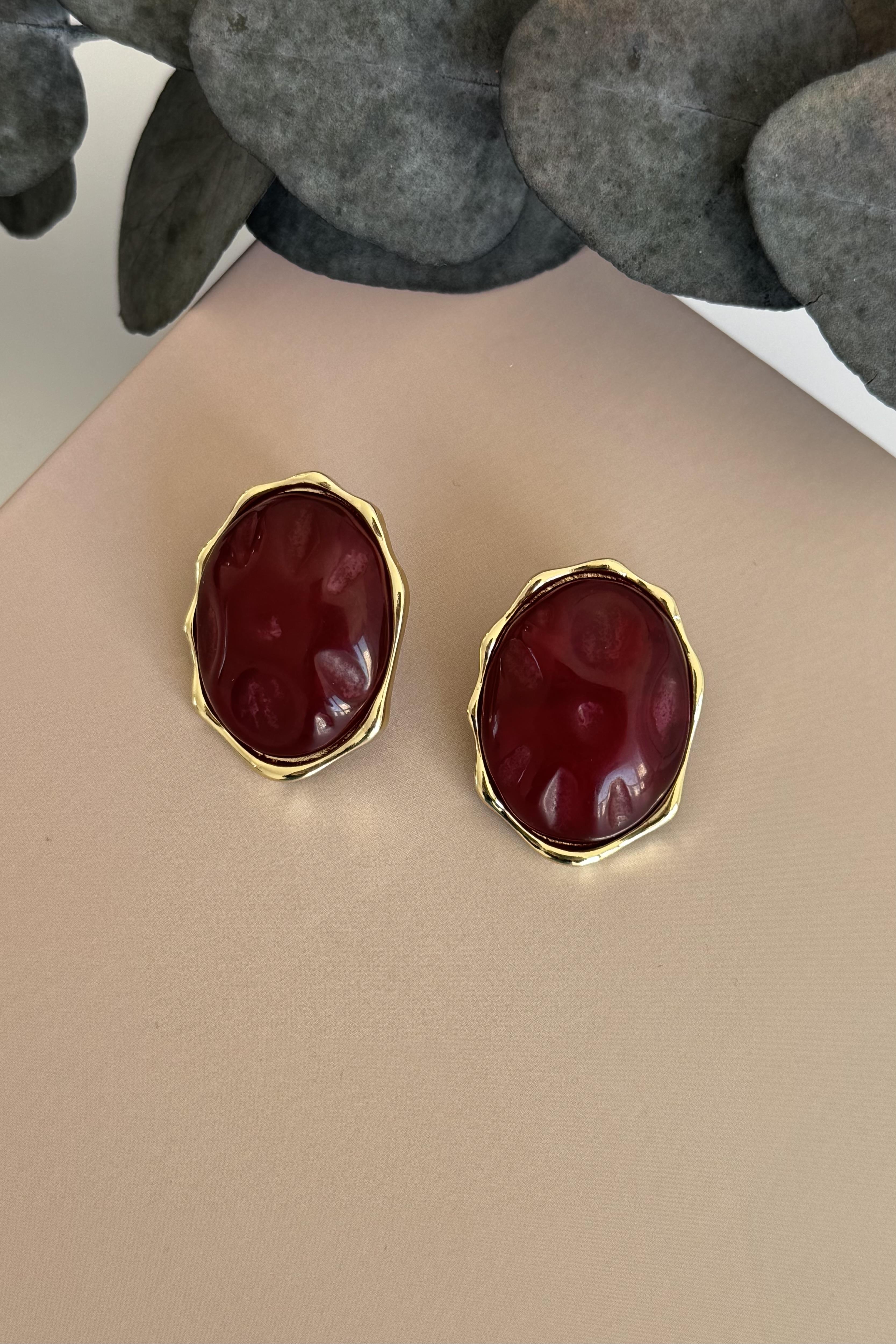 Oval Bordo Küpe