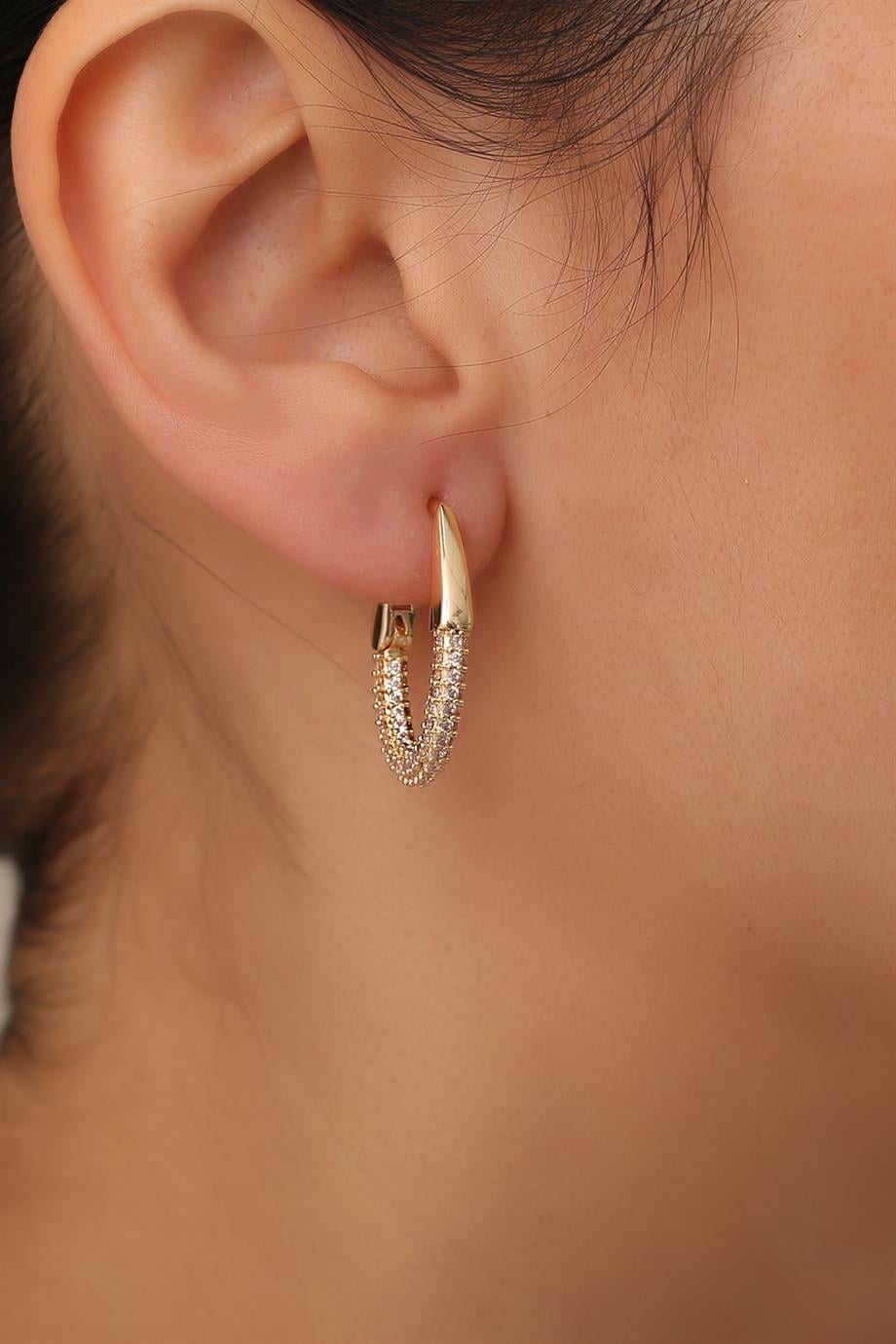 Oval Taşlı Mini Gold Küpe