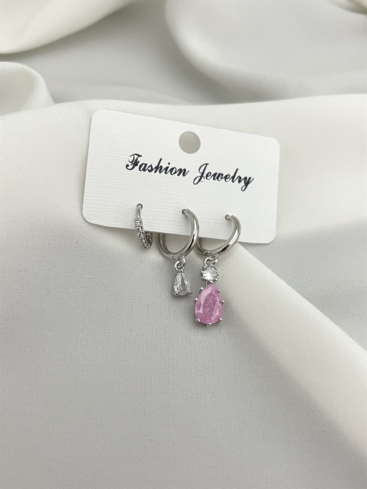 Pembe Taşlı 3'lü Silver Küpe