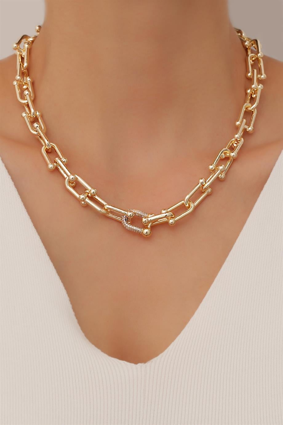 TF Taşlı Gold Kolye