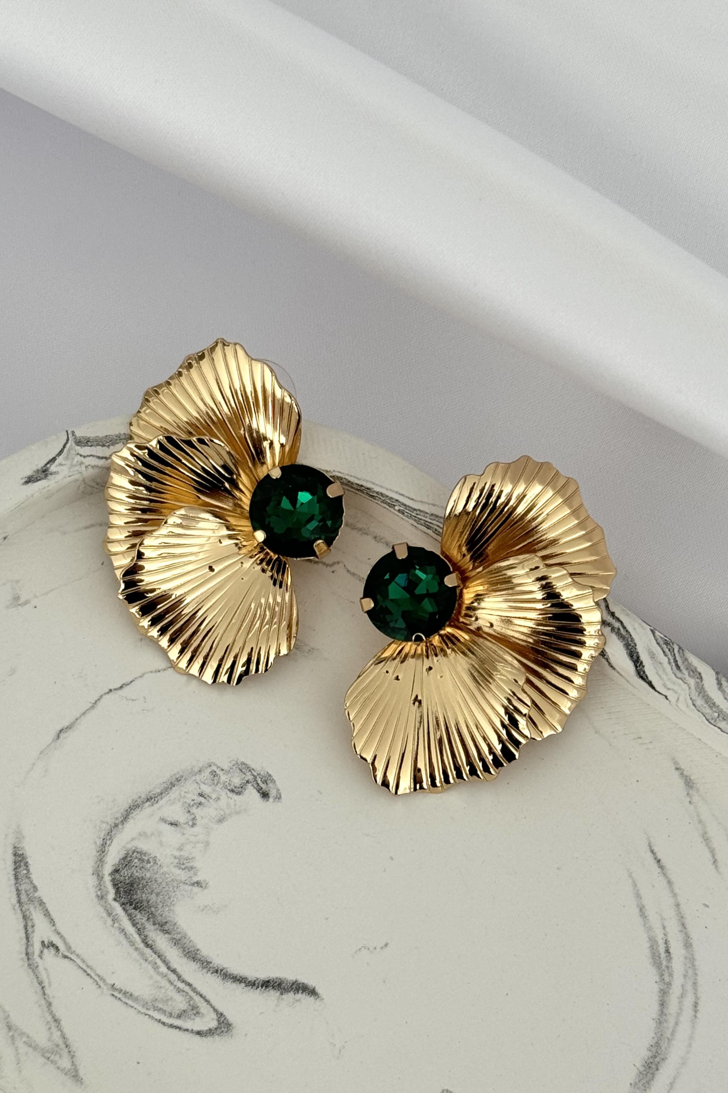 Yeşil Taşlı Yaprak Küpe