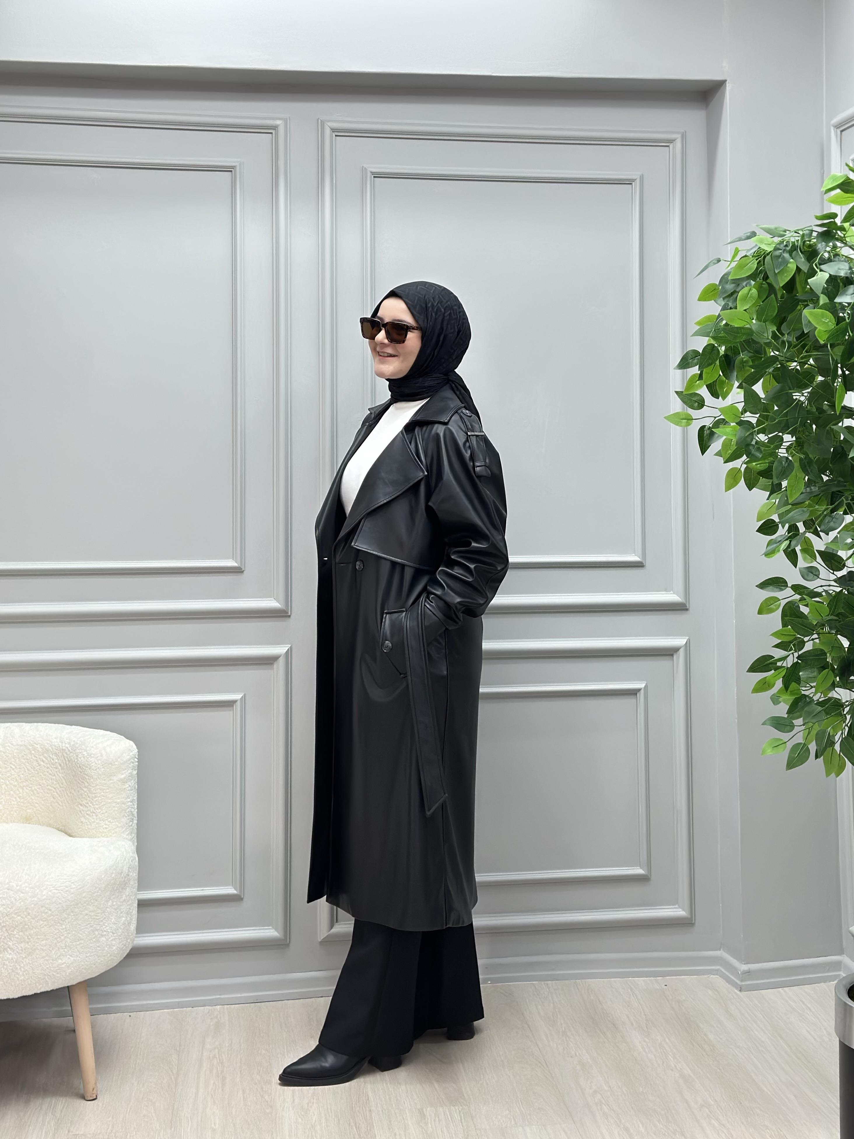 ASTARLI DERİ TRENÇKOT 