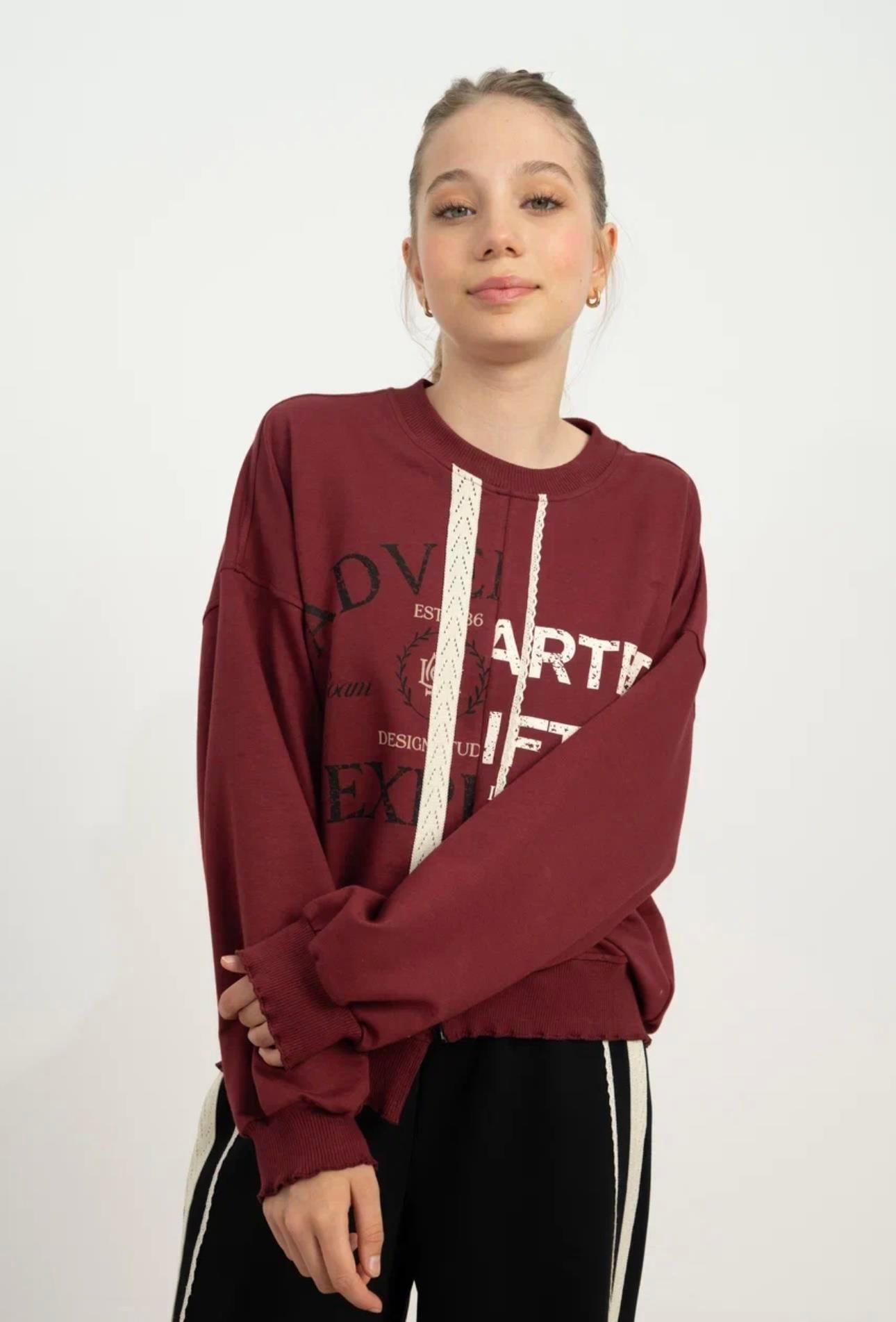 FERMUAR DETAYLI İKİ İPLİK OVERSİZE SWEATSHİRT BORDO