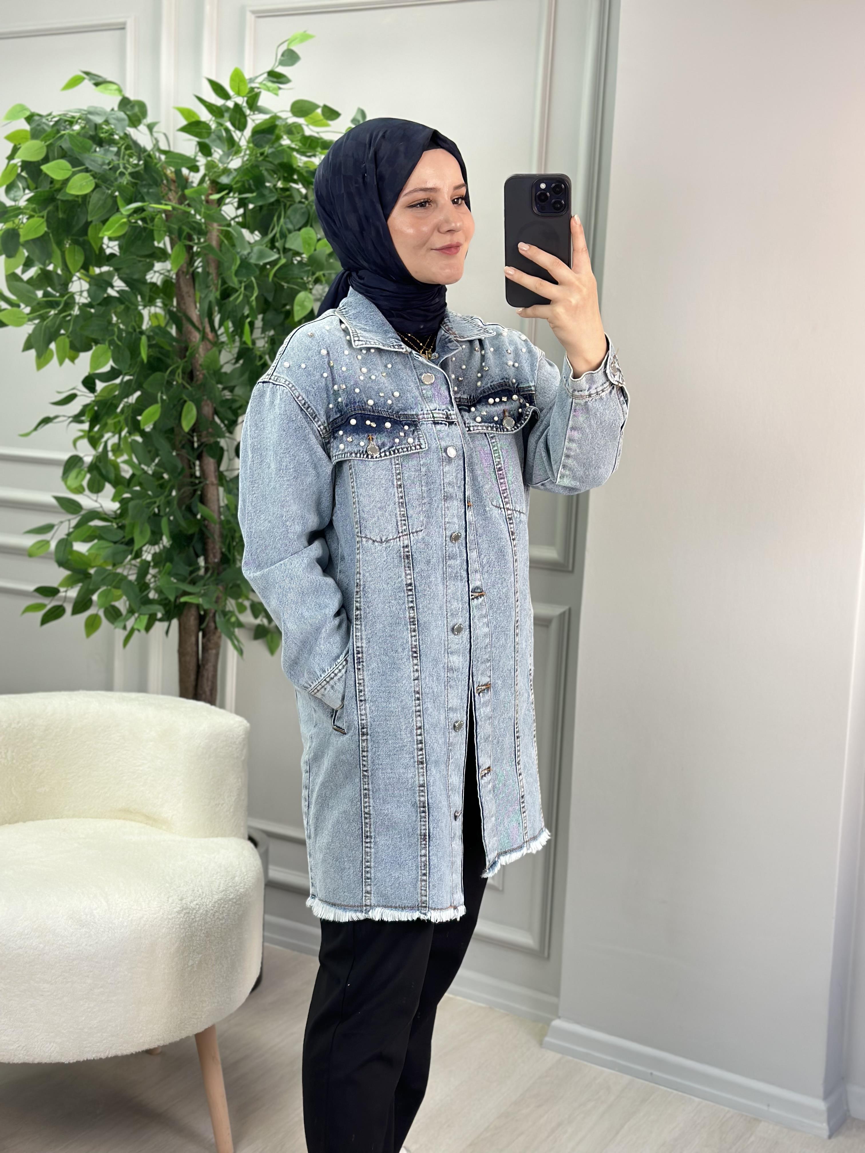 İNCİ İŞLEMELİ KOT CEKET