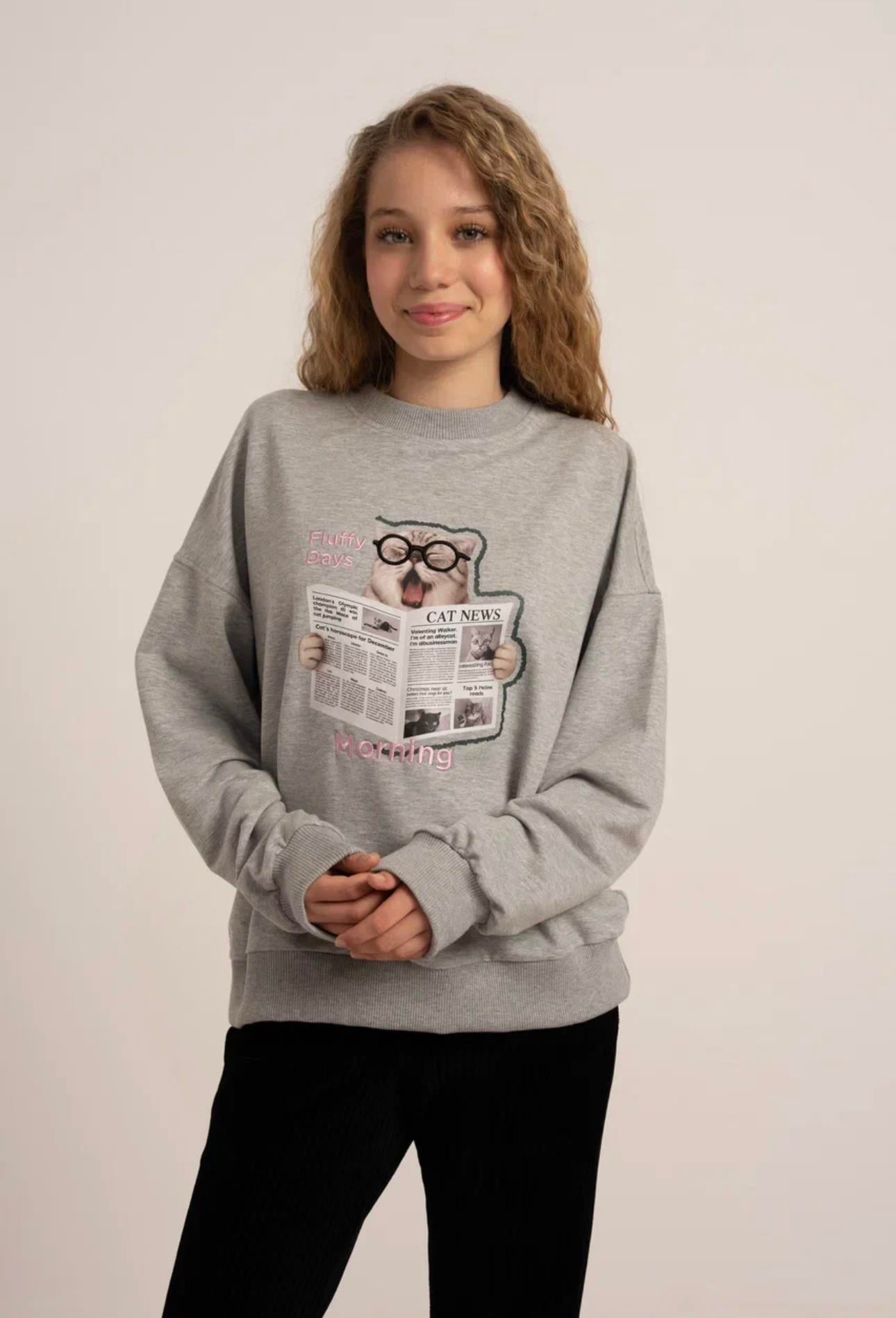 KEDİ BASKILI İKİ İPLİK SWEATSHİRT GRİ