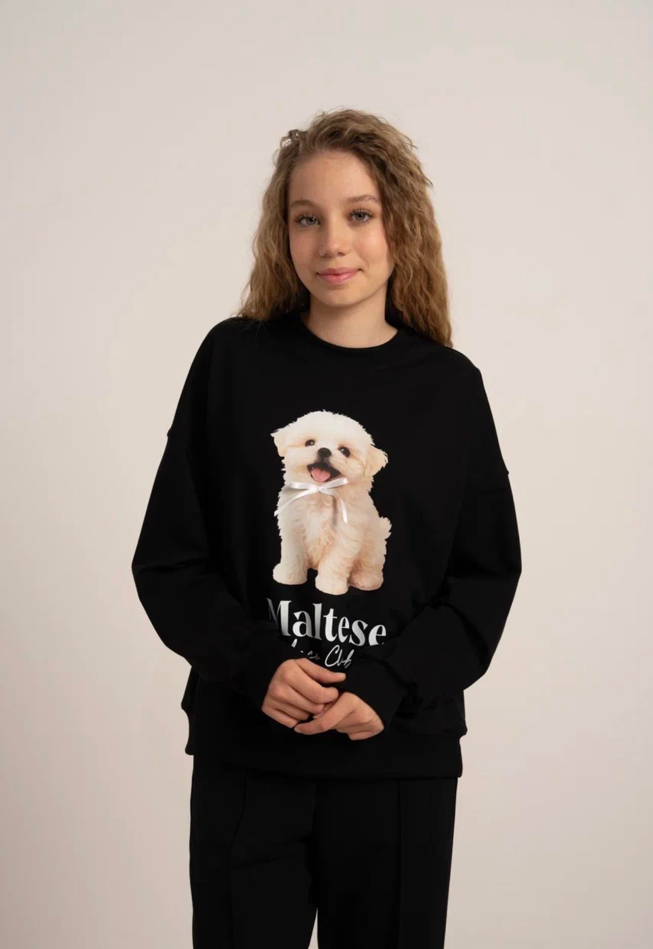 KÖPEK BASKILI İKİ İPLİK SWEATSHİRT SİYAH