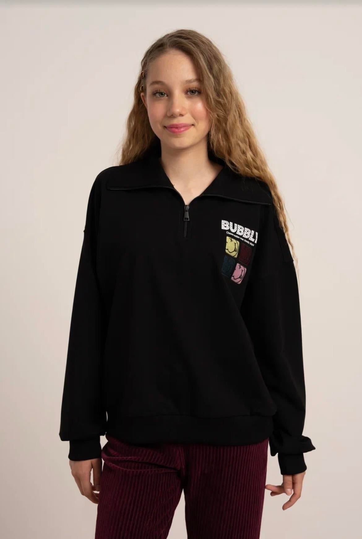POLO YAKA İKİ İPLİK OVERSİZE SWEATSHİRT SİYAH