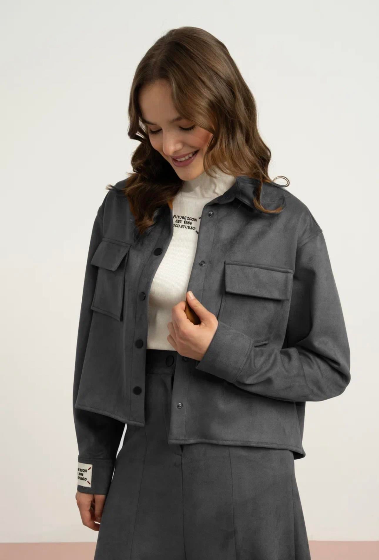 SÜET CEPLİ OVERSİZE GÖMLEK ANTRASİT